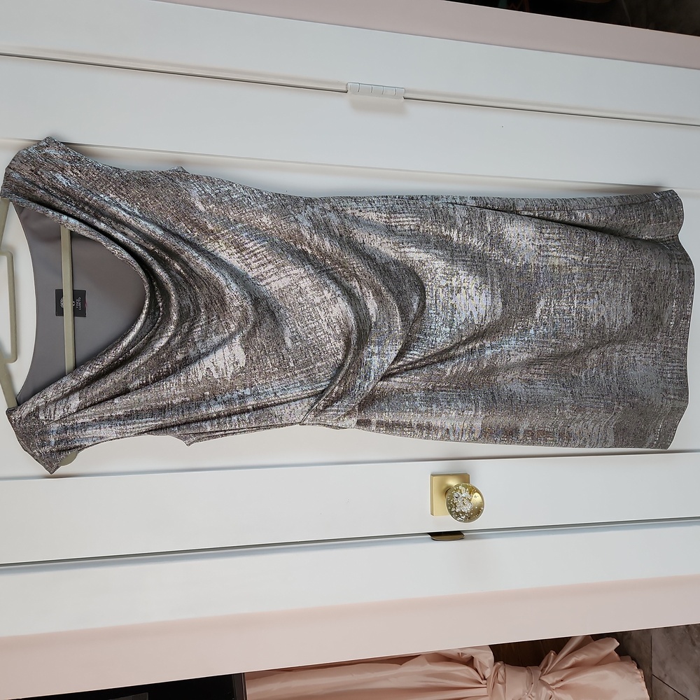 Vince Camuto Size 14 Metalic Ruched Dress Jersey Knit Silver Gray 6595 cowl neck